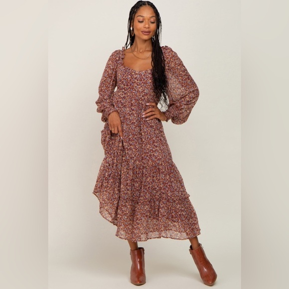 By The River Floral‎ Burgundy Ruffle Accent Midi Dress Size Medium - Picture 3 of 12